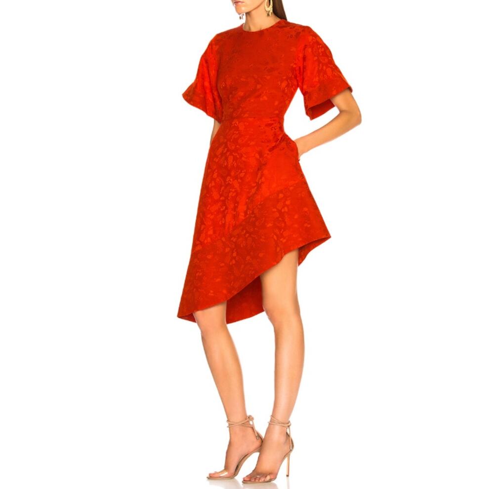 Brandon Maxwell Satin Jacquard Flare Sleeve Mini Dress Poppy Size 0